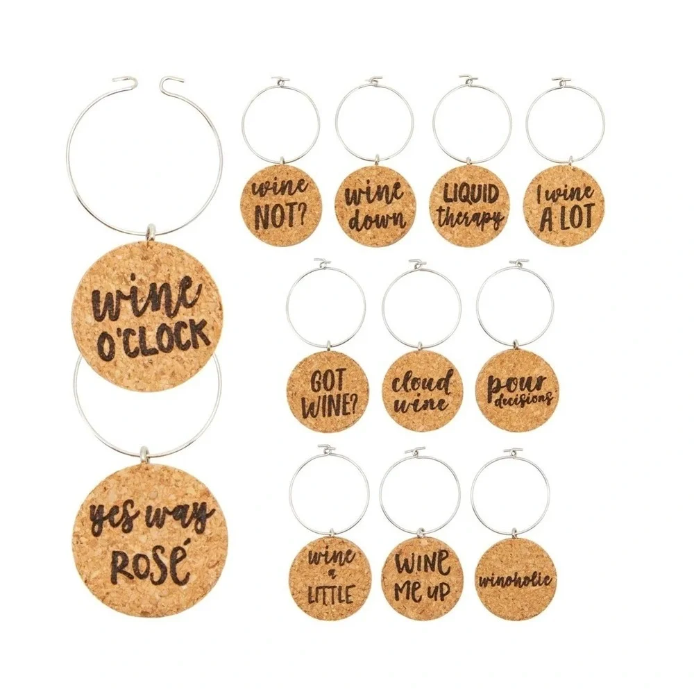 NEW 12pc Cork Wine Glass Charms Set Punny Drink Markers Hostess Gift
